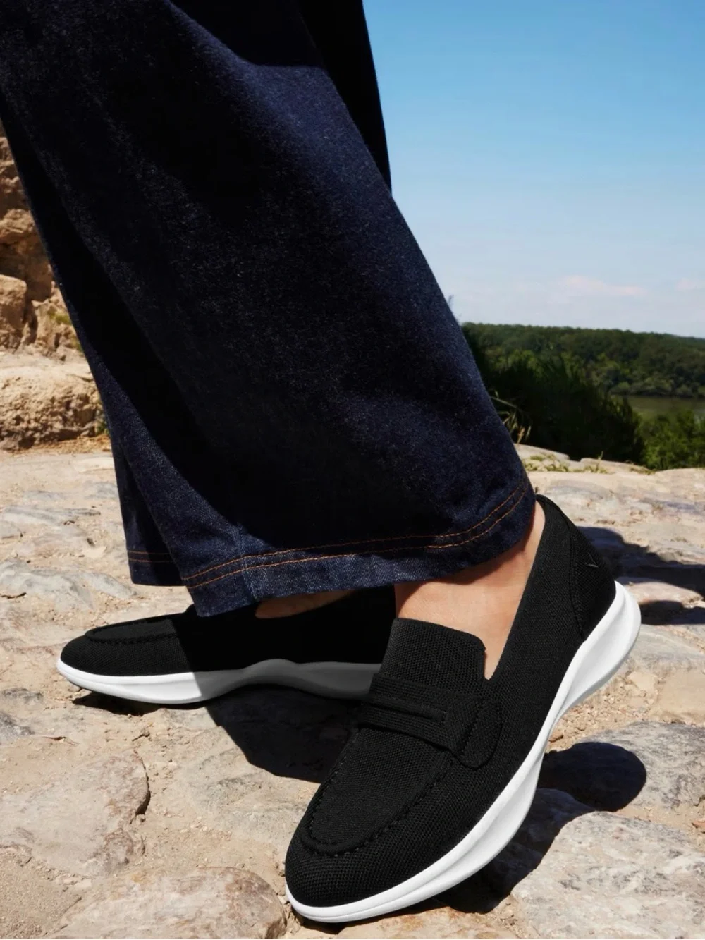 Men's Black Slip-On Knit Loafers with White Sole